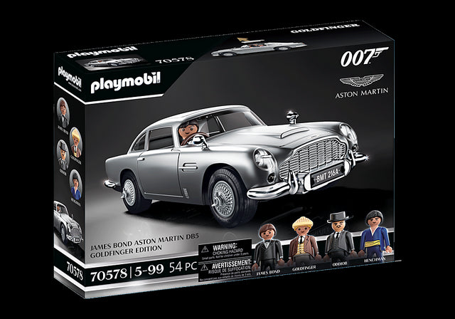Playmobil James Bond Aston Martin DB5 model with gadgets, figures, and accessories for imaginative play and display.