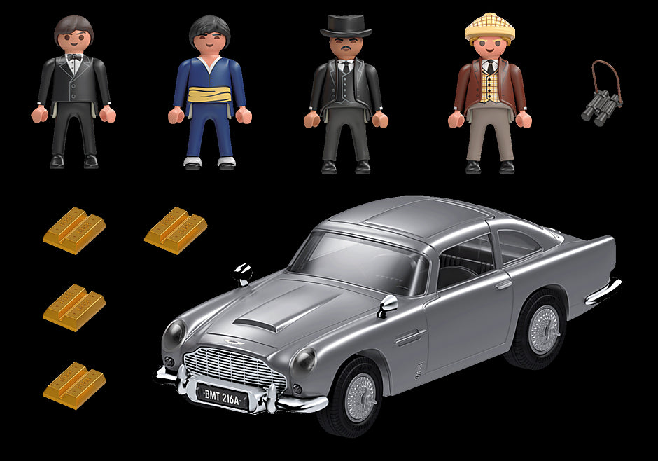 Playmobil James Bond Aston Martin DB5 in silver, featuring gadgets like ejector seat and revolving plates, for imaginative play.