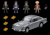 Playmobil James Bond Aston Martin DB5 in silver, featuring gadgets like ejector seat and revolving plates, for imaginative play.