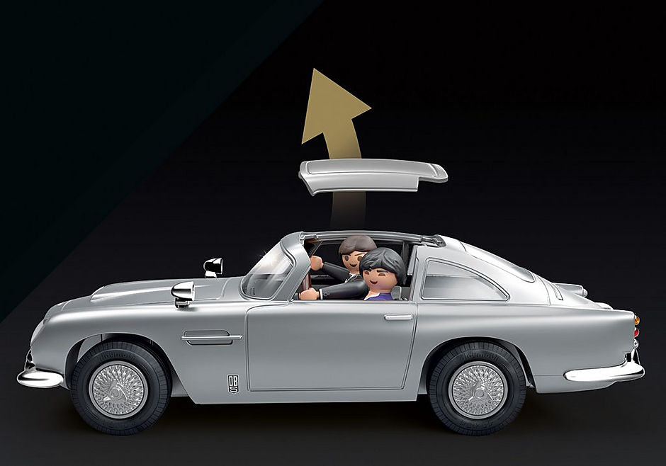 Playmobil Aston Martin DB5 set featuring James Bond, with gadgets and accessories for imaginative spy adventures.