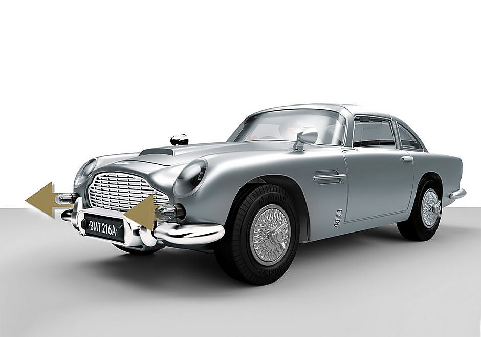 Playmobil James Bond Aston Martin DB5 Goldfinger Edition playset featuring 54 pieces, including car and figures, with authentic gadgets.