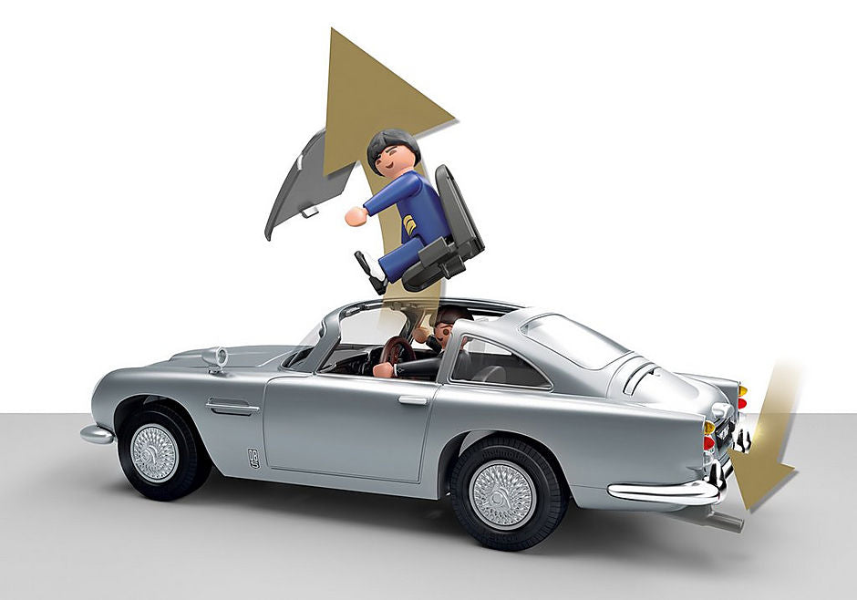 Playmobil James Bond Aston Martin DB5 model with gadgets, includes figures and accessories for imaginative play.