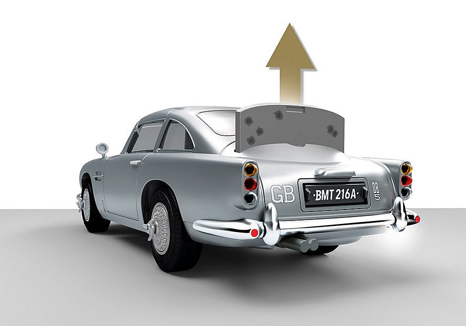 Playmobil James Bond Aston Martin DB5 in Silver, equipped with gadgets, includes figures and accessories for imaginative play.