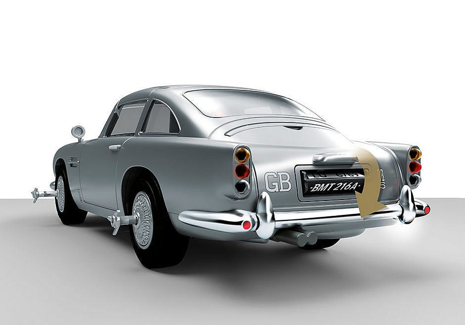 Playmobil James Bond Aston Martin DB5, 54-piece set with gadgets, figures, and iconic design for ages 5 and up.
