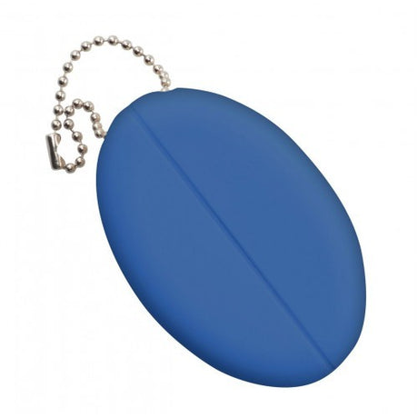 Soft blue coin pouch with keyring, compact size, rubber body for quiet storage, ideal for organized coin carrying.