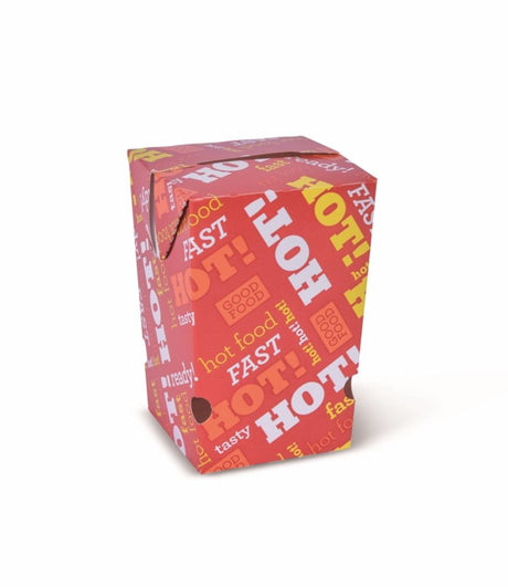 Medium cardboard chip cartons with 'Hot Food Fast' design, ideal for serving crispy fries and fried foods, packed in 50 units.