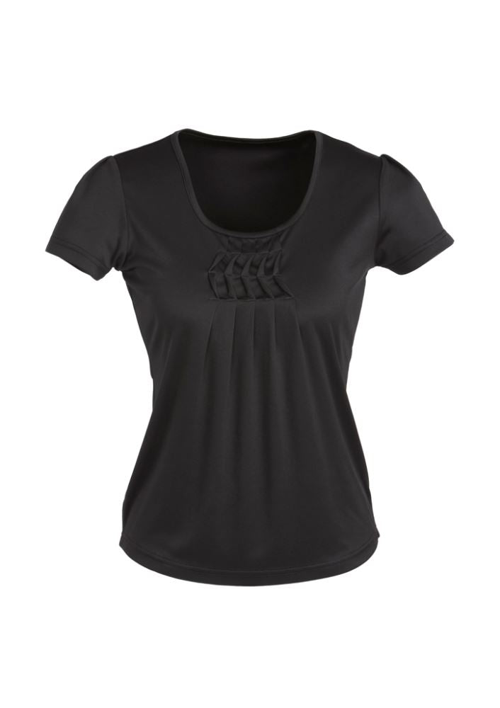 Sleek black Ladies Deco Top, Size 12 from Biz Collection, featuring pleat neck detail and easy-care, stretch fabric.