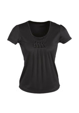 Sleek black Ladies Deco Top, Size 12 from Biz Collection, featuring pleat neck detail and easy-care, stretch fabric.