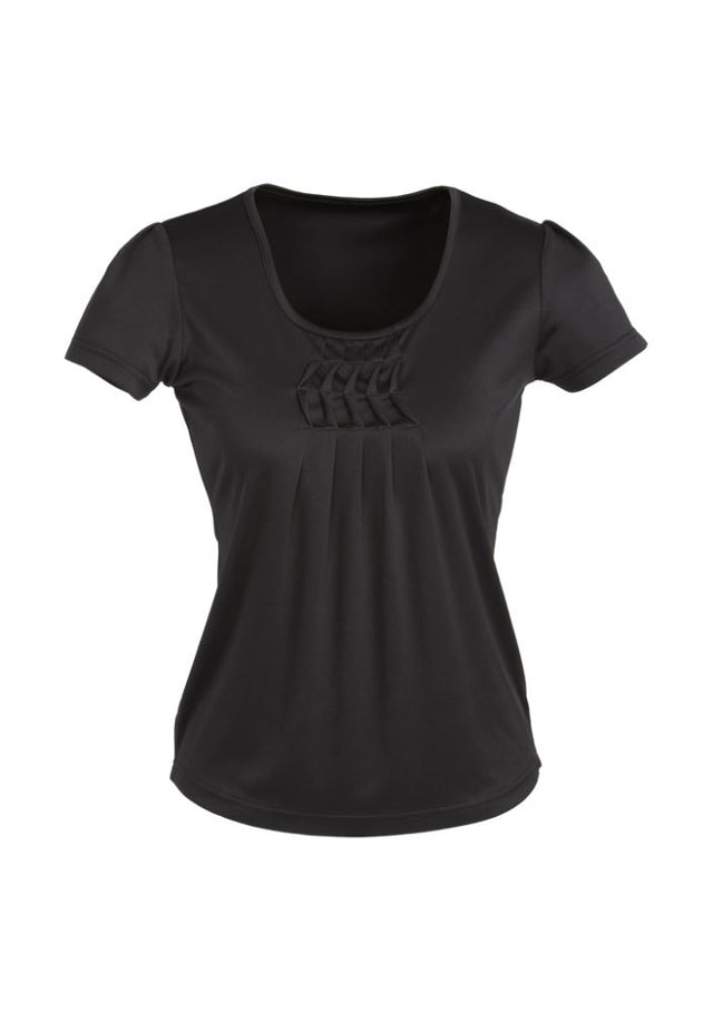 Sleek black Ladies Deco Top, Size 12 from Biz Collection, featuring pleat neck detail and easy-care, stretch fabric.