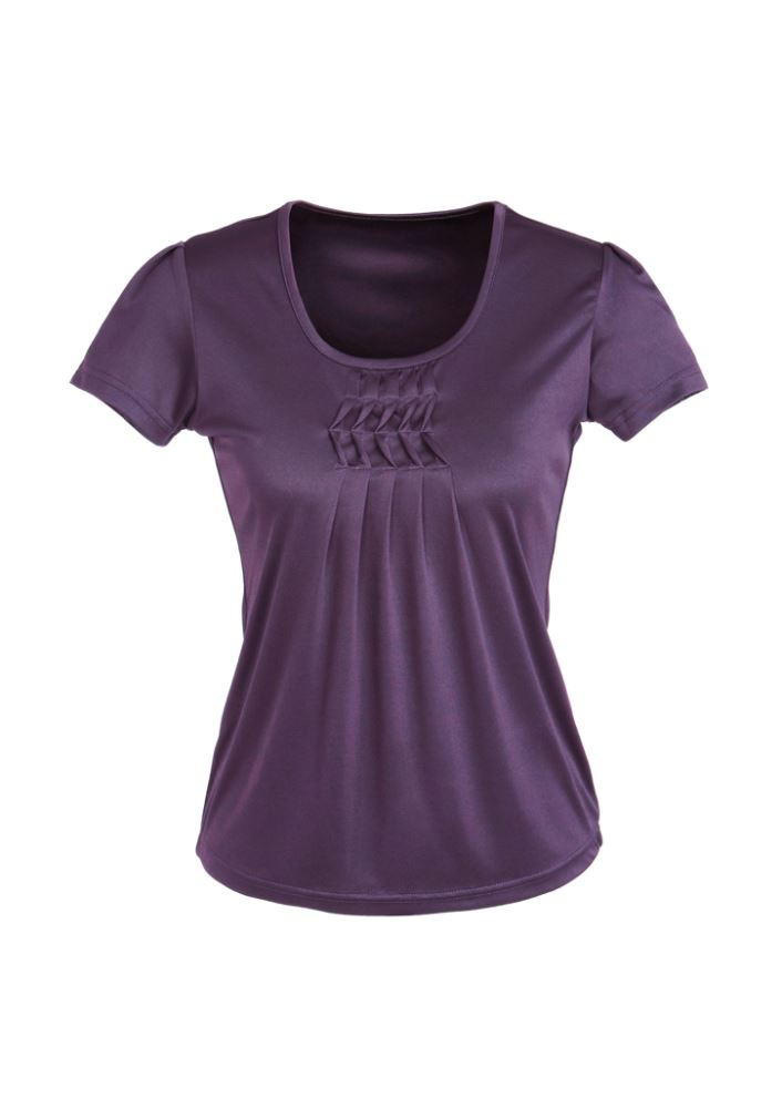 Ladies Deco Top in Grape, Size 12, with pleat stitched neck, soft draping fabric, perfect for stylish, easy-care wear.