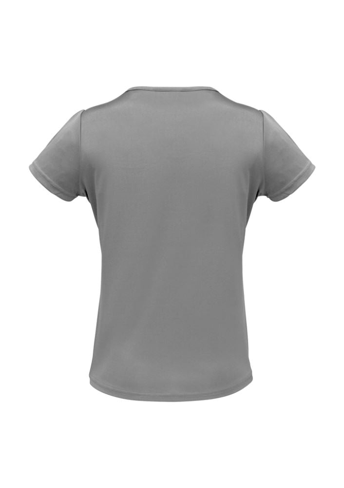 Ladies Deco Top in silver, size 22, featuring pleat stitched neck detail and soft draping fabric for comfort and style.