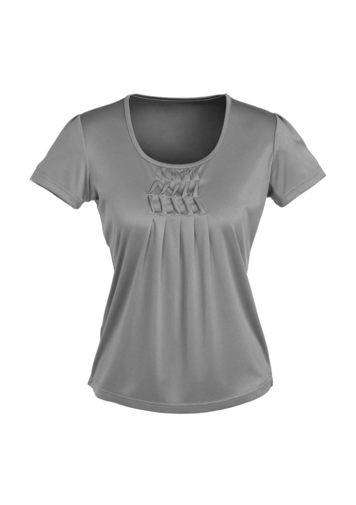 Silver Ladies Deco Top size 22 from Biz Collection with pleat neck detail, soft fabric, and comfortable stretch knit.