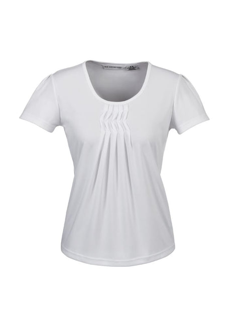 Elegant white Ladies Deco Top in size 14, featuring a pleat stitched neck and comfortable stretch knit for professional style.