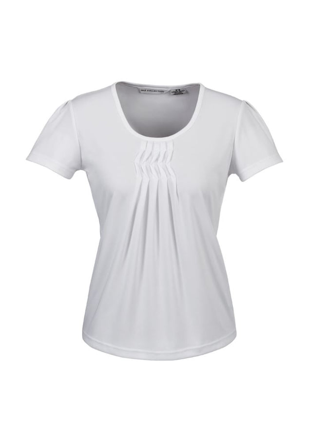 Elegant white Ladies Deco Top in size 14, featuring a pleat stitched neck and comfortable stretch knit for professional style.