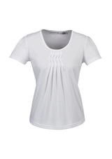 Chic white Ladies Deco Top in size 6 with pleat-stitched neck, soft draping fabric, perfect for versatile styling.