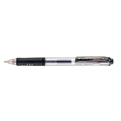 Pentel Hybrid Gel Grip Roller Pen set with 12 retractable 0.7mm black ink pens, featuring a comfortable grip and clear ink level view.