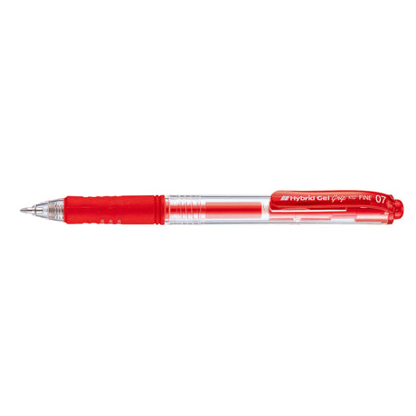 Pentel Hybrid Gel Grip retractable pens in red, 0.7mm, featuring fade-resistant ink and ergonomic rubber grip, pack of 12.