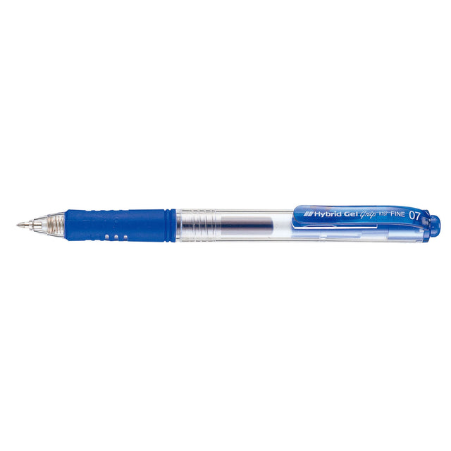 Pack of 12 Pentel Hybrid Gel Grip pens in blue, featuring retractable design, ergonomic grip, and fade-resistant ink.