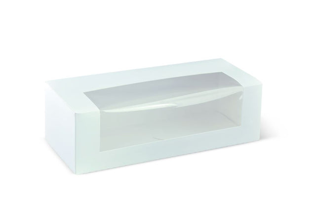 Premium 10'' long cake boxes with large viewing window, ideal for showcasing cakes, pastries, and muffins. Pack of 50.