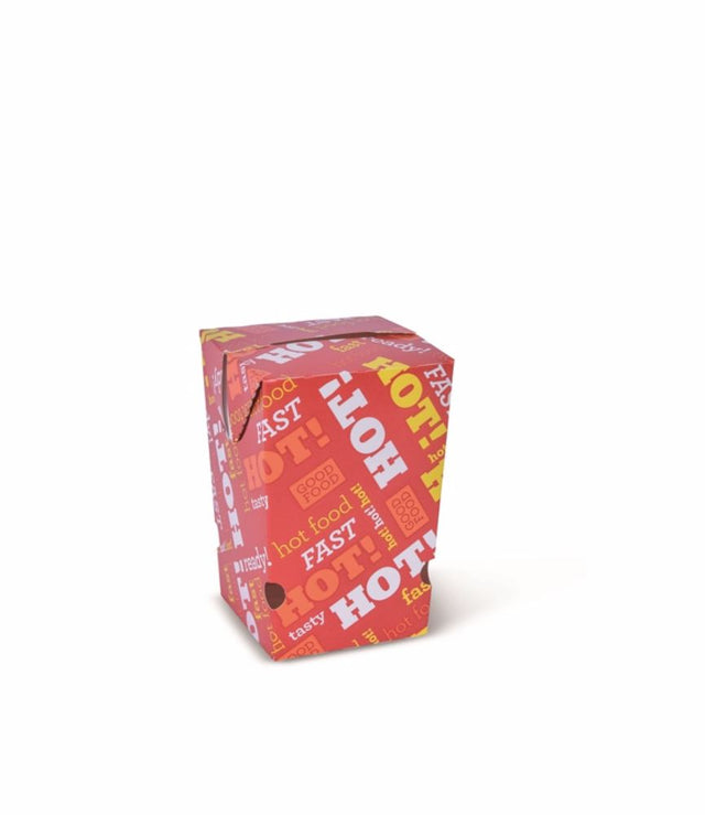 Small cardboard chip cartons for French fries, featuring grease resistance, breathe holes, and "Hot Food Fast" design; 50-pack.