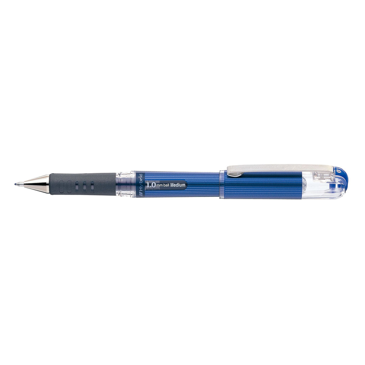 Blue PENTEL Hybrid Gel Grip DX pens with thick barrel, rubber grip, and sturdy clip; pack of 12, ideal for smooth writing.