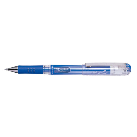 Pack of 12 Pentel Hybrid Gel Grip Roller pens with metallic blue ink, featuring a thick barrel and rubber grip for comfortable writing.