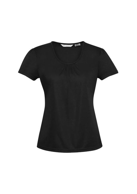 Ladies Chic Top in black, Size 10 from Biz Collection, featuring soft gathers, versatile style, and comfortable stretch fabric.