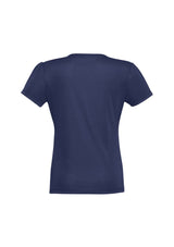 Ladies chic top in midnight blue, size 10, featuring soft gathers at the neckline and versatile straight hem for stylish wear.