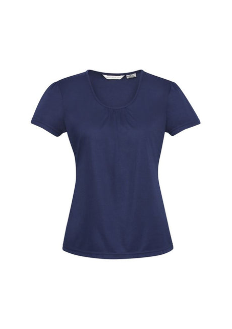 Ladies Chic Top in Midnight Blue, size 22, featuring soft gathers at the neckline and comfortable stretch knit for effortless style.