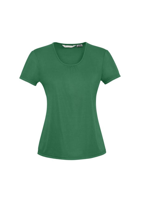 Ladies Chic Plus-Size Top in New Green, featuring soft gathers at neckline and versatile straight hem for stylish comfort.