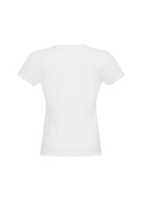 Chic white ladies' top from Biz Collection, size 20, with gathers at the neckline and stretch knit fabric for comfort.