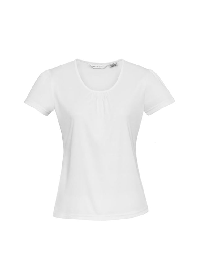Ladies Chic Top in White, size 16, featuring gathers at the neckline and a comfortable, versatile design for any occasion.