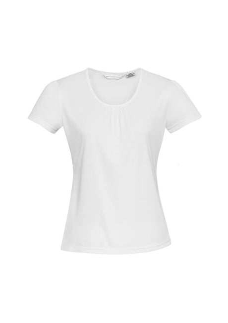 Ladies Chic Top in white, size 24 from Biz Collection, featuring soft gathers, straight hem, and 100% polyester fabric.