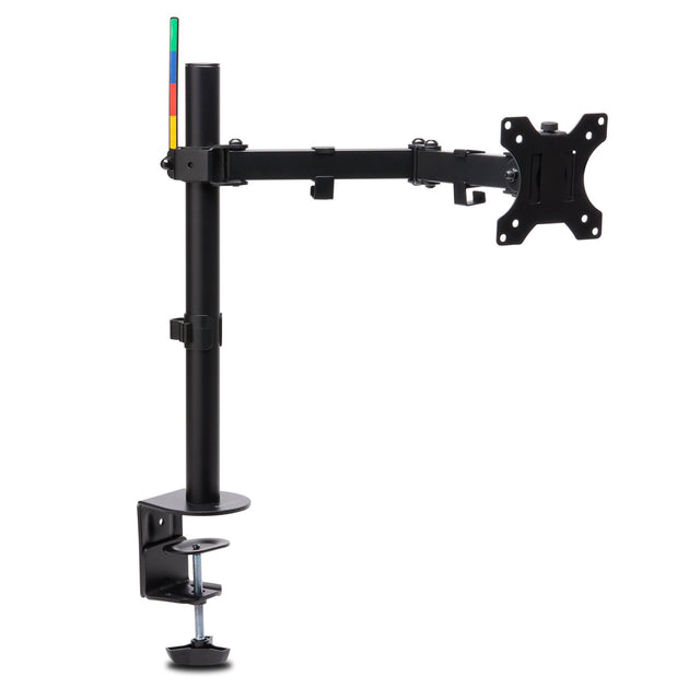 Ergonomic black monitor arm with SmartFit system for height adjustment, swivel, tilt, and cable management for a tidy workspace.