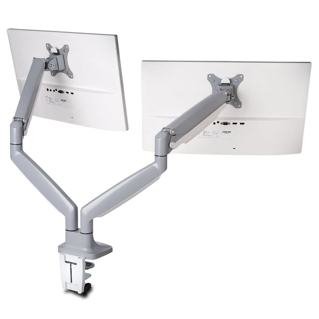 Kensington dual monitor stand with adjustable arms, gas spring, 180° swivel, and cable management for optimal workspace ergonomics.