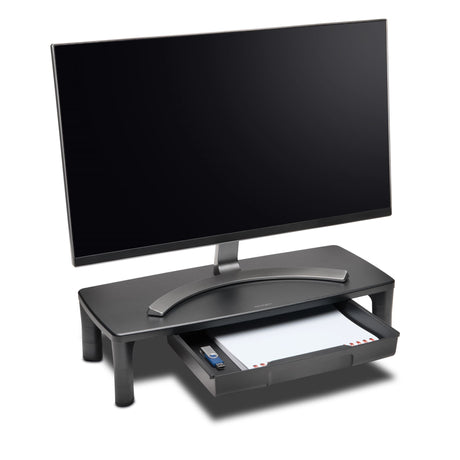 KENSINGTON SmartFit Monitor Stand elevates monitors with adjustable heights and includes a spacious A4 drawer for storage.