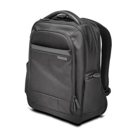 KENSINGTON Contour 2.0 slim laptop backpack with RFID pocket, padded carry handle, and ergonomic design for mobile professionals.