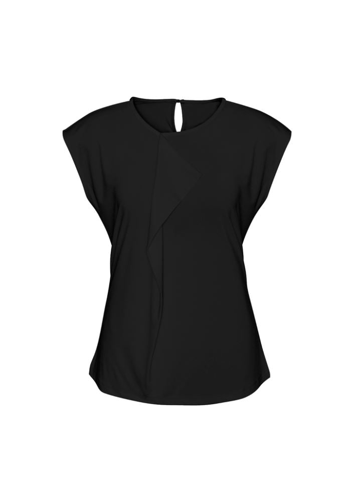 Black Ladies Mia Pleat Knit Top from Biz Collection, size 8, features feminine pleats and soft jersey fabric for versatile styling.
