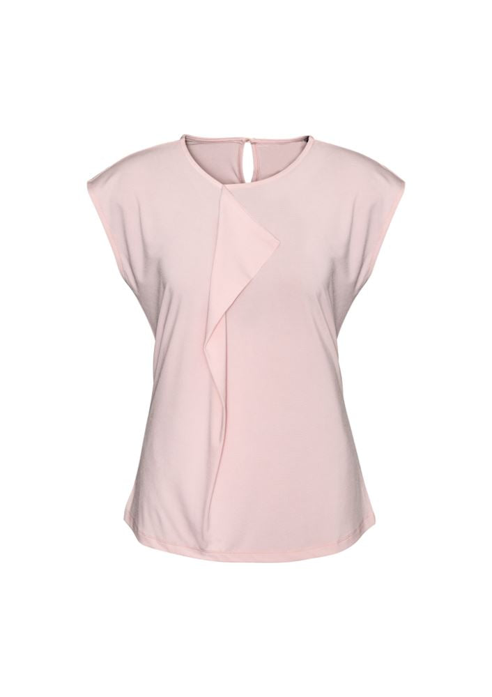 Blush pink pleat knit top for women, featuring a sophisticated design, flattering fit, and soft jersey fabric, size 10.