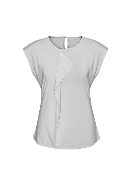 Chic Silver Mist Mia Pleat Knit Top for women, featuring modern pleat detail, Size 6, perfect for professional or casual wear.