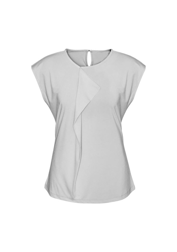 Ladies Mia Pleat Knit Top in Silver Mist, size 12, featuring elegant pleat fold detail and soft stretch fabric for comfort.