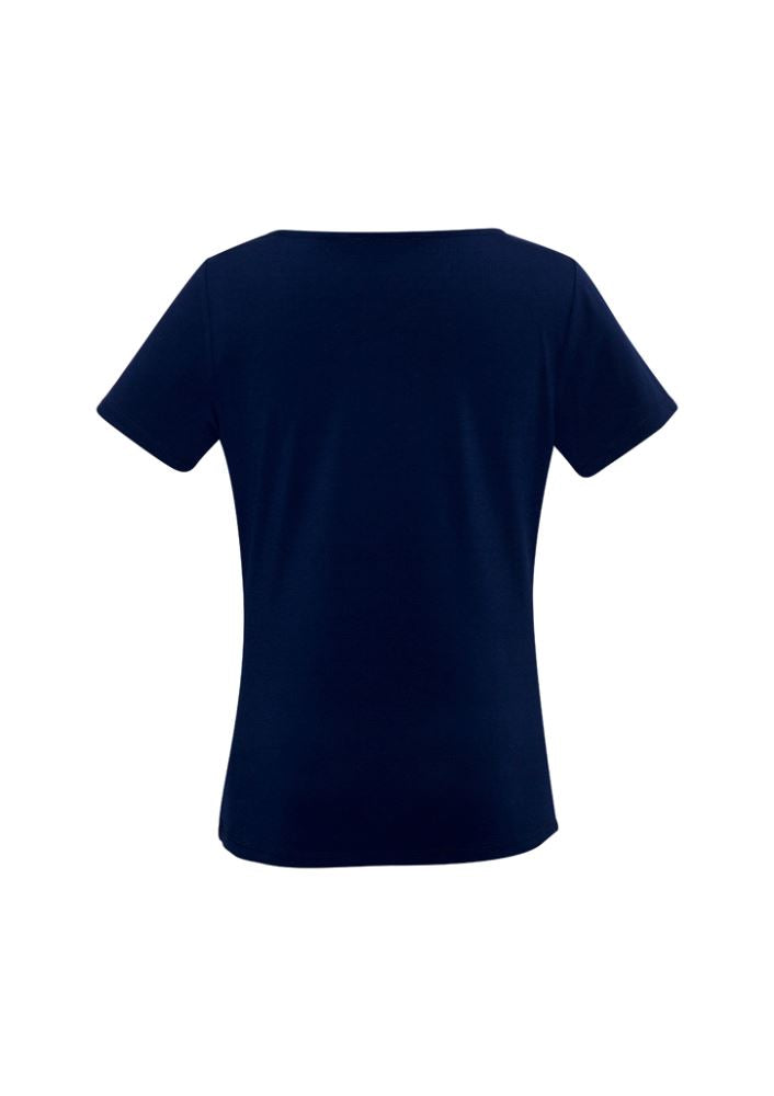 Elegant midnight blue ladies' top with draped neckline, crafted from soft jersey knit in size 14 by Biz Collection.