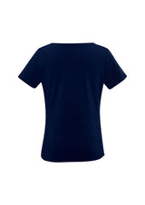 Elegant midnight blue ladies' top with draped neckline, crafted from soft jersey knit in size 14 by Biz Collection.
