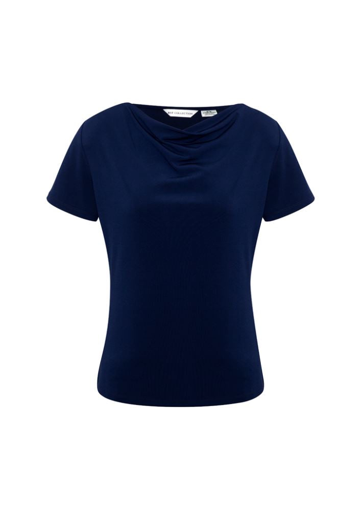 Midnight blue Ladies Ava Drape Knit Top with a softly draped neckline, made from a comfortable polyester-elastane blend.
