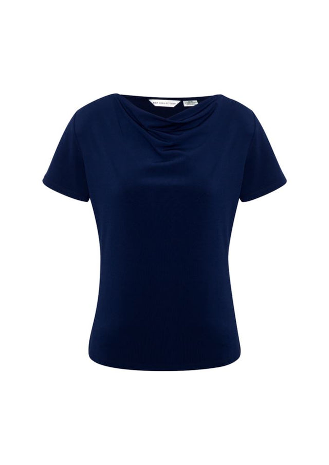 Ladies Ava Drape Knit Top in midnight blue, size 14, featuring a soft jersey fabric with a gracefully draped neckline.