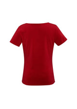 Ladies Ava Drape Knit Top in vibrant red, size 12, featuring a softly draped neckline and luxurious jersey knit for versatile styling.