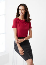 Ladies Ava Drape Knit Top in Midnight Blue, size 14, featuring a flattering draped neckline and soft jersey knit for comfort.