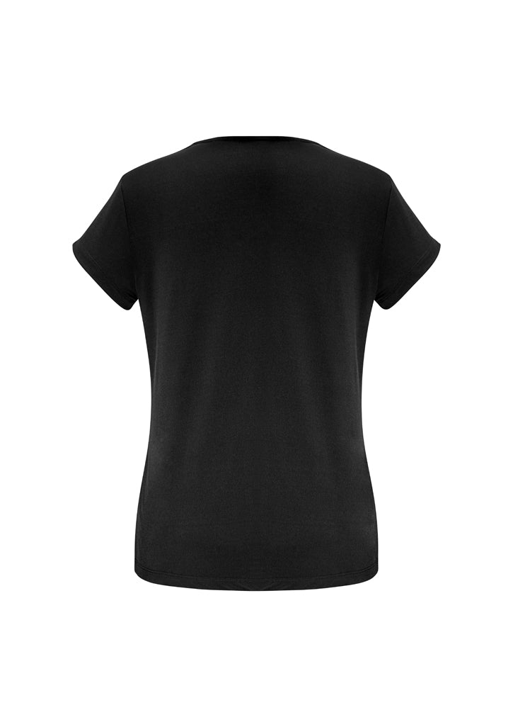 Elegant black short sleeve top for ladies, size 24, featuring a pleat fold v-neck and soft, flowing fabric.