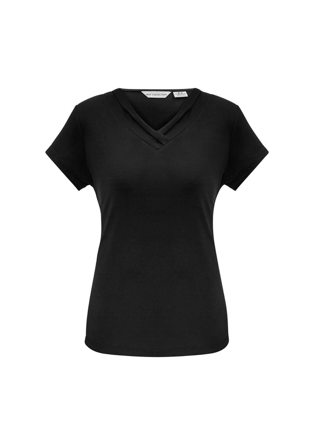 Ladies Lana Black Short Sleeve Top in Size 18, featuring a pleat fold v-neck and soft, flowing fabric for versatile elegance.