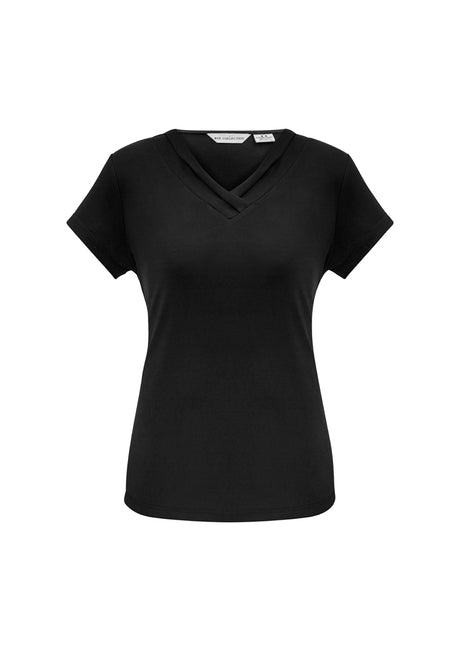 Ladies Lana Short Sleeve Top in black, size 6, featuring a pleat fold v-neck and versatile styling for comfort and elegance.